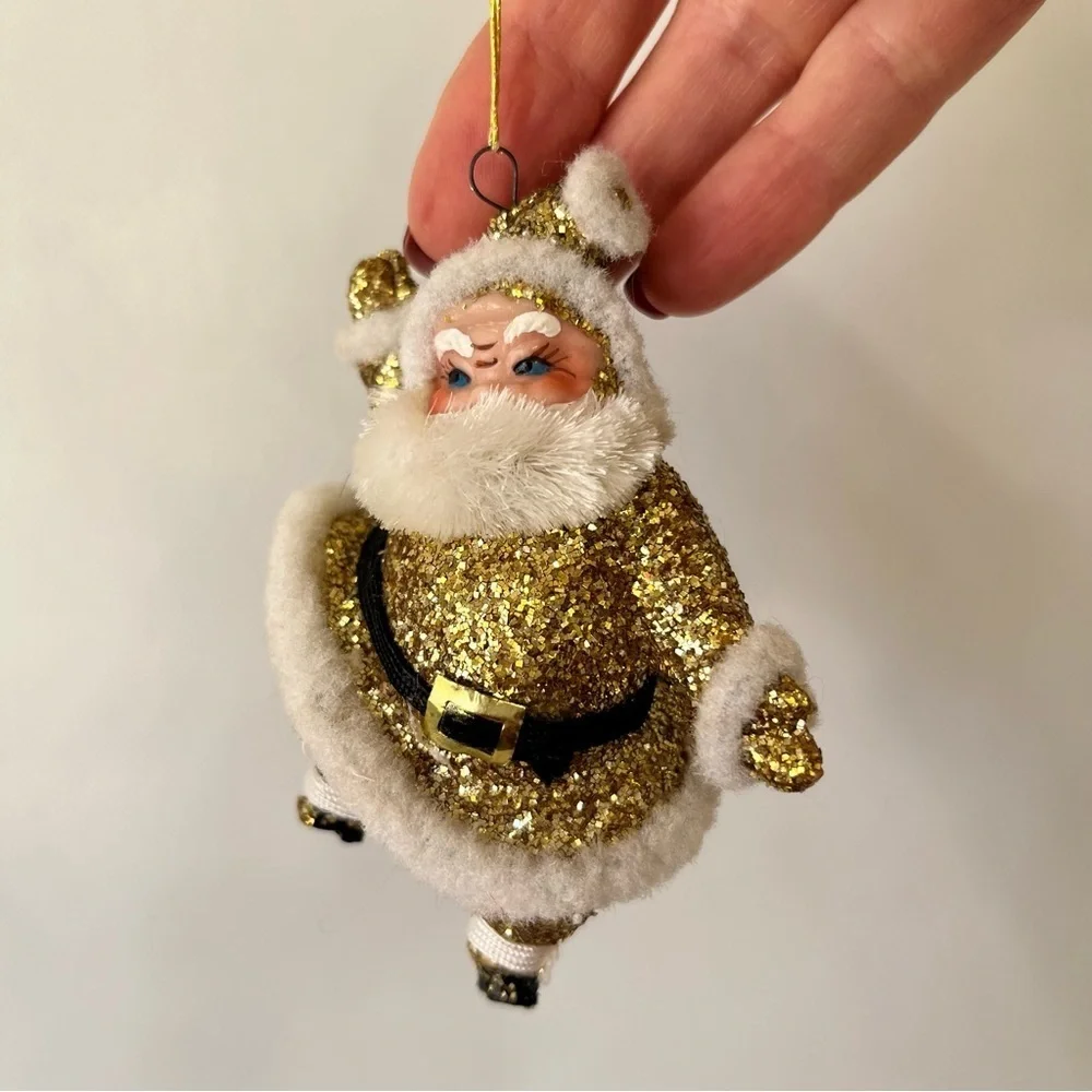 Vintage Gold Glitter Santa Ornament 50’s